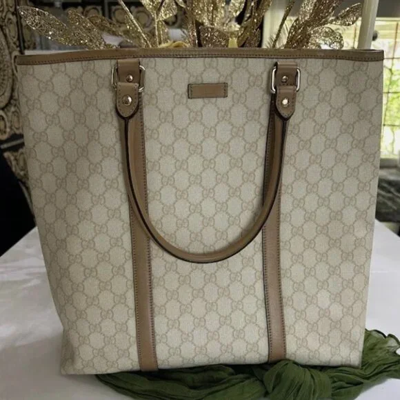 Gucci GG Canvas Beige Leather Trim Large Tote Bag Authentic - Picture 1 of 11